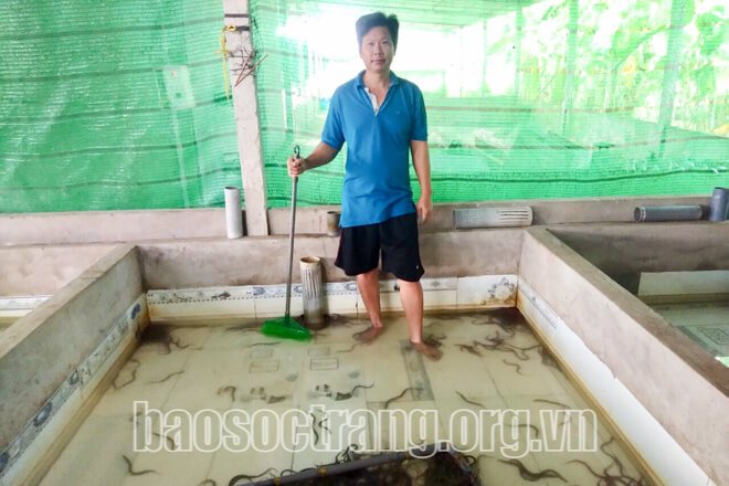 Anh Nguyễn Thanh Tuấn bên bể nuôi lươn của gia đình, nuôi theo tiêu chuẩn “sạch” nhằm phục vụ thị trường xuất khẩu (ảnh chụp trước thời điểm dịch Covid-19 bùng phát) . Ảnh: THÚY LIỄU